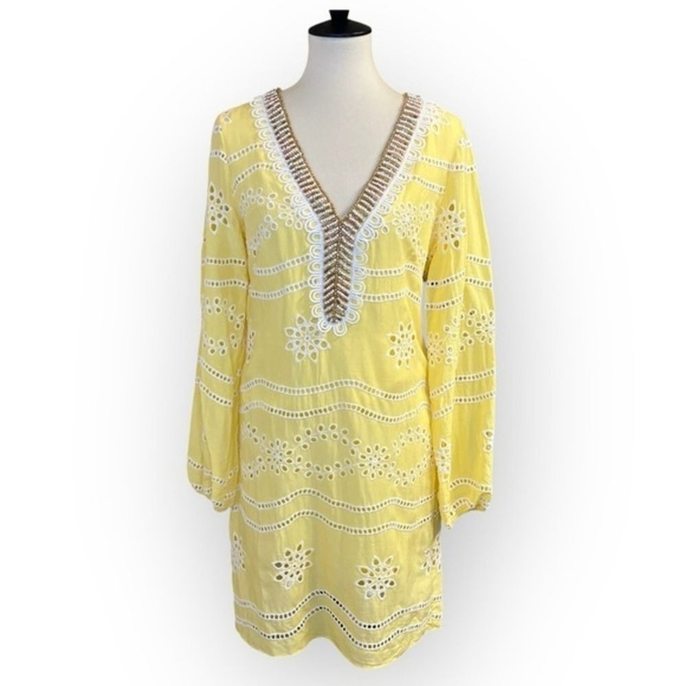 Boston Proper Embellished Beaded Crochet Lace Tunic Dress Yellow Sz Small NEW